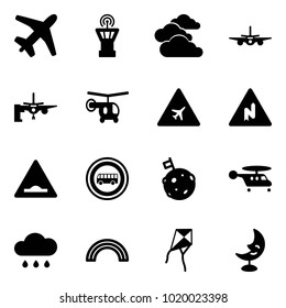 Solid vector icon set - plane vector, airport tower, clouds, boarding passengers, helicopter, road sign, abrupt turn right, artificial unevenness, no bus, moon flag, rain cloud, rainbow, kite, lamp