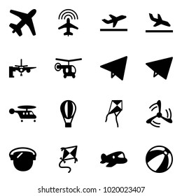 Solid vector icon set - plane vector, radar, departure, arrival, boarding passengers, helicopter, paper fly, air balloon, kite, wind mill, protect glass, toy, beach ball