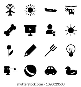 Solid vector icon set - plane radar vector, sun, small, helicopter, broken bone, presentation board, winner, tulip, pencil, farm fork, bulb, laser lever, ball, car, toy duck