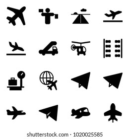 Solid vector icon set - plane vector, traffic controller, runway, departure, arrival, trap truck, helicopter, seats, baggage scales, globe, paper fly, toy