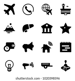 Solid vector icon set - plane vector, phone, globe, airport building, mountains, liver, bank, star, wallet time, megaphone, wireless home, terms plan, bulb, dryer, trailer, wirligig toy