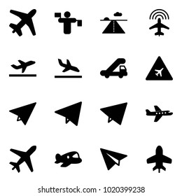 Solid vector icon set - plane vector, traffic controller, runway, radar, departure, arrival, trap truck, airport road sign, paper, fly, toy