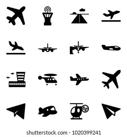 Solid vector icon set - plane vector, airport tower, runway, departure, arrival, boarding passengers, small, building, helicopter, paper, toy
