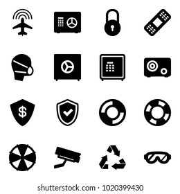 Solid vector icon set - plane radar vector, safe, lock, medical patch, mask, shield check, lifebuoy, parasol, surveillance camera, recycling, protective glasses