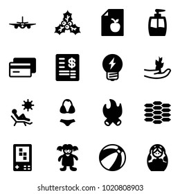 Solid vector icon set - plane vector, holly, diet list, liquid soap, credit card, account statement, idea, hand sproute, beach, swimsuit, fire, carbon, game console, doll, ball, russian