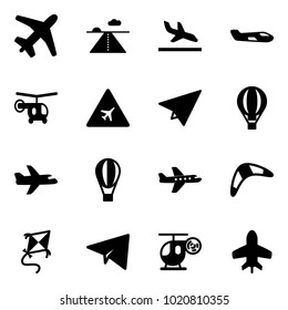 Solid vector icon set - plane vector, runway, arrival, small, helicopter, airport road sign, paper, air balloon, boomerang, kite, toy