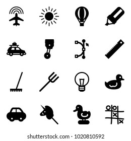 Solid vector icon set - plane radar vector, sun, air balloon, highlight marker, car baggage, piston, bezier, ruler, rake, farm fork, bulb, duck toy, unicorn stick, Tic tac toe