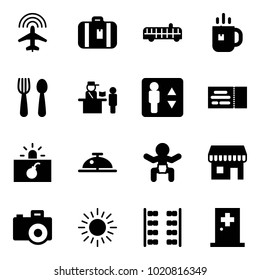 Solid vector icon set - plane radar vector, suitcase, airport bus, tea, spoon and fork, passport control, elevator, ticket, terrorism, client bell, baby, duty free, camera, sun, seats