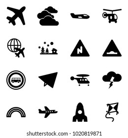 Solid vector icon set - plane vector, clouds, small, helicopter, globe, christmas landscape, abrupt turn right road sign, artificial unevenness, no bus, paper fly, storm, rainbow, rocket, kite