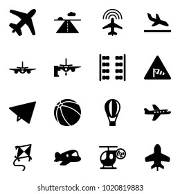 Solid vector icon set - plane vector, runway, radar, arrival, boarding passengers, seats, side wind road sign, paper fly, ball, air balloon, kite, toy, helicopter