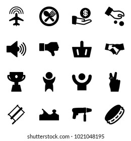 Solid vector icon set - plane radar vector, fork spoon plate, investment, volume max, dislike, basket, agreement, cup, success, victory, bucksaw, jointer, drill machine, tambourine