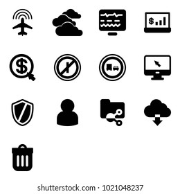 Solid vector icon set - plane radar vector, clouds, diagnostic monitor, account statistics, money click, no parkin odd, truck overtake road sign, cursor, shield, user, shared folder, download cloud