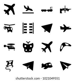 Solid vector icon set - plane vector, arrival, baggage truck, boarding passengers, helicopter, seats, paper fly, butterfly, boomerang, kite, toy