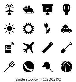 Solid vector icon set - plane radar vector, santa sleigh, presentation board, air balloon, sun, tulip, car baggage, server wireless, ruler, shovel, farm fork, ball, toy unicorn stick, basketball