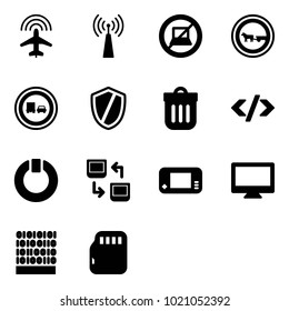 Solid vector icon set - plane radar vector, antenna, no computer sign, cart horse road, truck overtake, shield, trash bin, tag code, standby, data exchange, game console, monitor, binary
