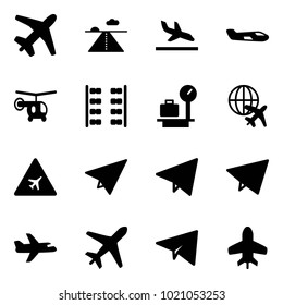 Solid vector icon set - plane vector, runway, arrival, small, helicopter, seats, baggage scales, globe, airport road sign, paper, fly, toy