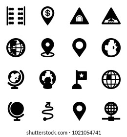 Solid vector icon set - plane seats vector, dollar pin, tunnel road sign, drawbridge, globe, map, man, flag, trip, navigation