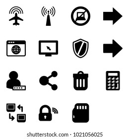 Solid vector icon set - plane radar vector, antenna, no computer sign, right arrow, browser globe, monitor cursor, shield, user password, share, trash bin, calculator, data exchange, wireless lock