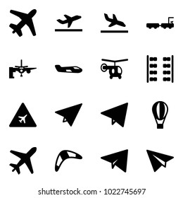Solid vector icon set - plane vector, departure, arrival, baggage truck, boarding passengers, small, helicopter, seats, airport road sign, paper, fly, air balloon, boomerang