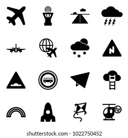 Solid vector icon set - plane vector, airport tower, runway, storm, globe, snowfall, abrupt turn right road sign, artificial unevenness, no bus, paper fly, cloud ladder, rainbow, rocket, kite