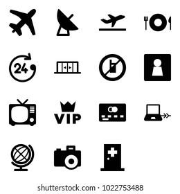Solid vector icon set - plane vector, satellite antenna, departure, plate spoon fork, 24 hours, automatic doors, no mobile sign, female wc, tv, vip, credit card, notebook connect, globe, camera
