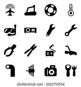 Solid vector icon set - plane radar vector, treadmill, lifebuoy, thermometer, diving, projector, wrench, side cutters, bolt cutter, welding, lawn mower, allen key, set, camera, shovel fork toy