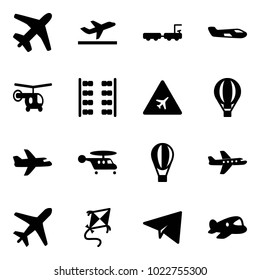 Solid vector icon set - plane vector, departure, baggage truck, small, helicopter, seats, airport road sign, air balloon, kite, paper, toy