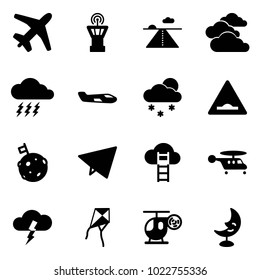 Solid vector icon set - plane vector, airport tower, runway, clouds, storm, small, snowfall, artificial unevenness road sign, moon flag, paper fly, cloud ladder, helicopter, kite, toy, lamp