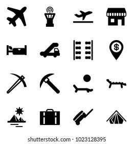 Solid vector icon set - plane vector, airport tower, departure, duty free, hotel, trap truck, seats, dollar pin, job, rock axe, lounger, pyramid, suitcase, tent