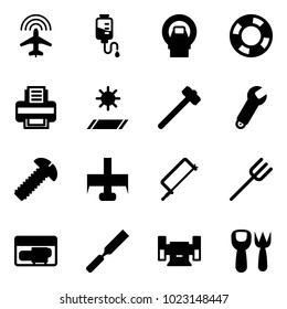 Solid vector icon set - plane radar vector, drop counter, mri, lifebuoy, printer, mat, sledgehammer, wrench, screw, milling cutter, metal hacksaw, farm fork, generator, rasp, sharpening, shovel toy