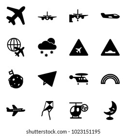 Solid vector icon set - plane vector, boarding passengers, small, globe, snowfall, airport road sign, artificial unevenness, moon flag, paper fly, helicopter, rainbow, kite, toy, lamp