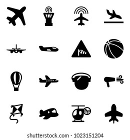 Solid vector icon set - plane vector, airport tower, radar, arrival, small, side wind road sign, ball, air balloon, protect glass, dryer, kite, toy, helicopter