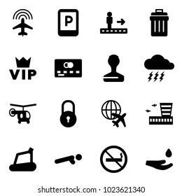 Solid vector icon set - plane radar vector, parking sign, travolator, trash bin, vip, credit card, stamp, storm, helicopter, lock, globe, airport building, treadmill, push ups, no smoking, drop hand