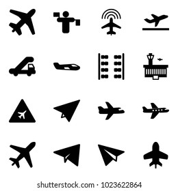 Solid vector icon set - plane vector, traffic controller, radar, departure, trap truck, small, seats, airport building, road sign, paper, toy