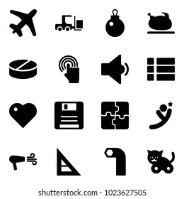 Solid vector icon set - plane vector, fork loader, turkey, pill, hand cursor, low volume, menu, heart, save, puzzle, flying man, dryer, corner ruler, allen key, toy cat