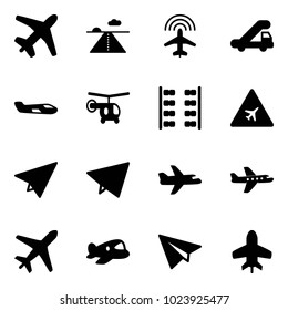 Solid vector icon set - plane vector, runway, radar, trap truck, small, helicopter, seats, airport road sign, paper, fly, toy