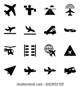 Solid vector icon set - plane vector, traffic controller, runway, radar, departure, arrival, trap truck, small, helicopter, seats, globe, airport road sign, paper, toy