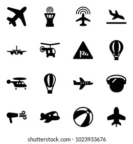 Solid vector icon set - plane vector, airport tower, radar, arrival, helicopter, side wind road sign, air balloon, protect glass, dryer, toy, beach ball
