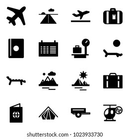 Solid vector icon set - plane vector, runway, departure, suitcase, passport, schedule, baggage scales, lounger, mountains, pyramid, tent, trailer, helicopter toy