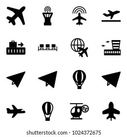 Solid vector icon set - plane vector, airport tower, radar, departure, baggage, waiting area, globe, building, paper, fly, air balloon, helicopter toy