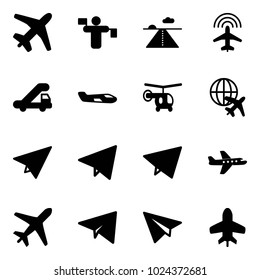 Solid vector icon set - plane vector, traffic controller, runway, radar, trap truck, small, helicopter, globe, paper, fly, toy