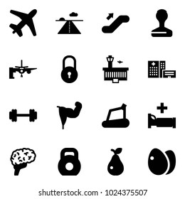 Solid vector icon set - plane vector, runway, escalator up, stamp, boarding passengers, lock, airport building, hospital, barbell, power hand, treadmill, bed, brain, weight, pear, eggs