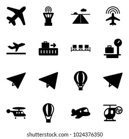 Solid vector icon set - plane vector, airport tower, runway, radar, departure, baggage, waiting area, scales, paper, fly, air balloon, helicopter, toy