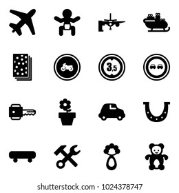 Solid vector icon set - plane vector, baby, boarding passengers, santa sleigh, breads, no moto road sign, limited height, overtake, key, flower pot, car, luck, skateboard, wrench hammer, beanbag