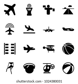 Solid vector icon set - plane vector, airport tower, traffic controller, runway, radar, arrival, small, seats, helicopter, ball, kite, protect glass, toy, beach