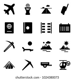 Solid vector icon set - plane vector, airport tower, runway, suitcase, passport, seats, schedule, job, lounger, mountains, pyramid, tent, axe, trailer, helicopter toy
