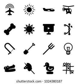 Solid vector icon set - plane radar vector, sun, small, helicopter, broken bone, presentation board, bezier, fretsaw, shovel, farm fork, bulb, crocodile, toy unicorn stick, duck, Tic tac toe