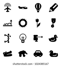 Solid vector icon set - plane radar vector, small, air balloon, highlight marker, growth, sun, tulip, piston, bezier, bulb, laser lever, duck toy, crocodile, elephant wheel, car