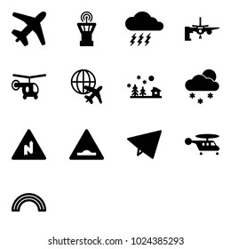 Solid vector icon set - plane vector, airport tower, storm, boarding passengers, helicopter, globe, christmas landscape, snowfall, abrupt turn right road sign, artificial unevenness, paper fly