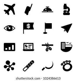 Solid vector icon set - plane vector, suitcase, client bell, lab, eye, dollar flag, paper, statistics, monitor, opening, hotel, molecule, drill, sickle, beanbag